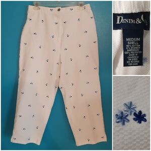 Denim & Co. Embroidered White Pants w Blue Embroidery Cotton Spandex Medium